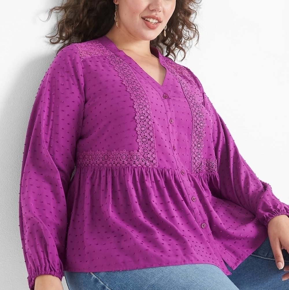 Lane Bryant Classic Top Sz 14 Long-Sleeve Split-Neck Button-Down Peplum Blouse